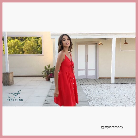 Cotton Blend Tie Front A-Line Midi Dress Spaghetti Strap - Picture 7 of 7